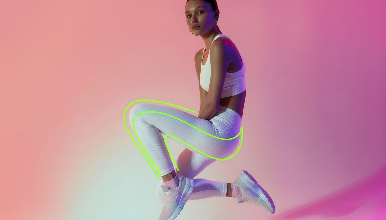 Woman in athletic wear posing against a gradient background water repellent legging 